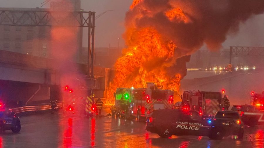 US-131 shut down as tanker truck burns